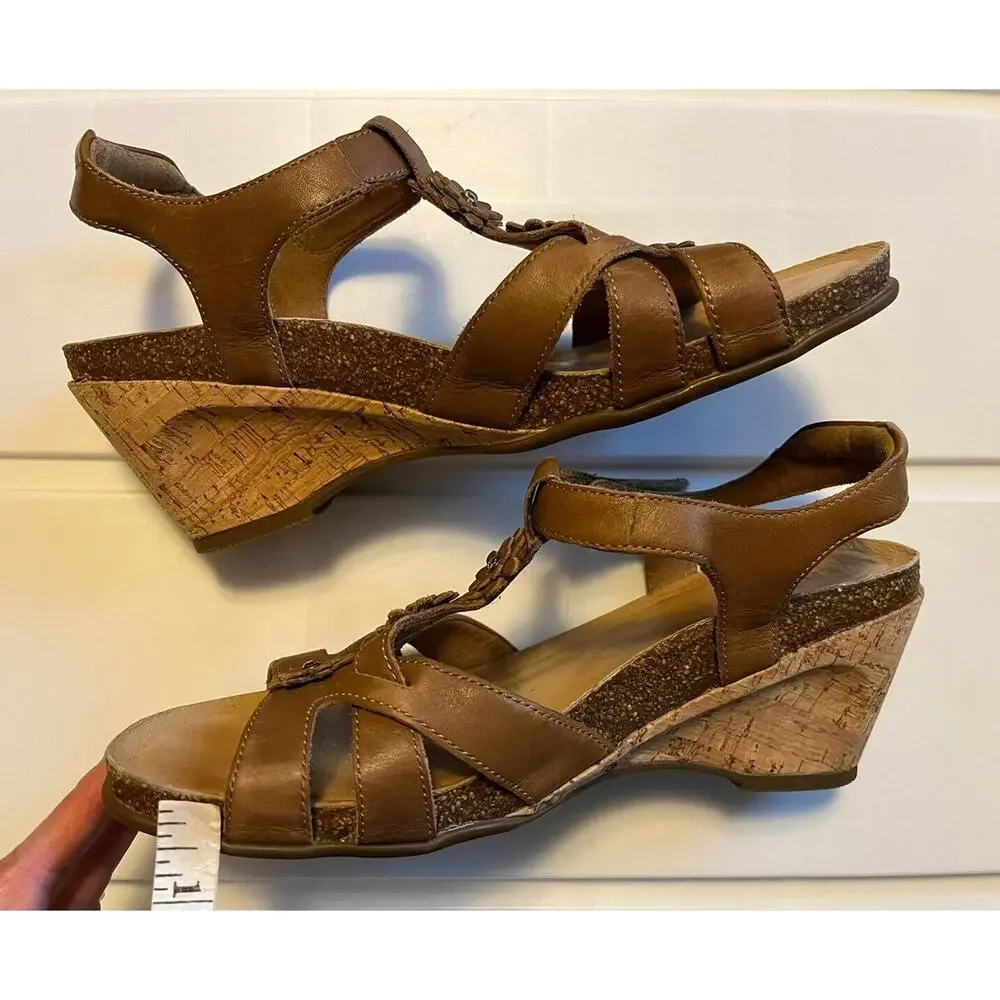 Taos Passion Flowers Leather Cork Wedge Sandals In Brown Womens Size 10 T-strap - Picture 12 of 14